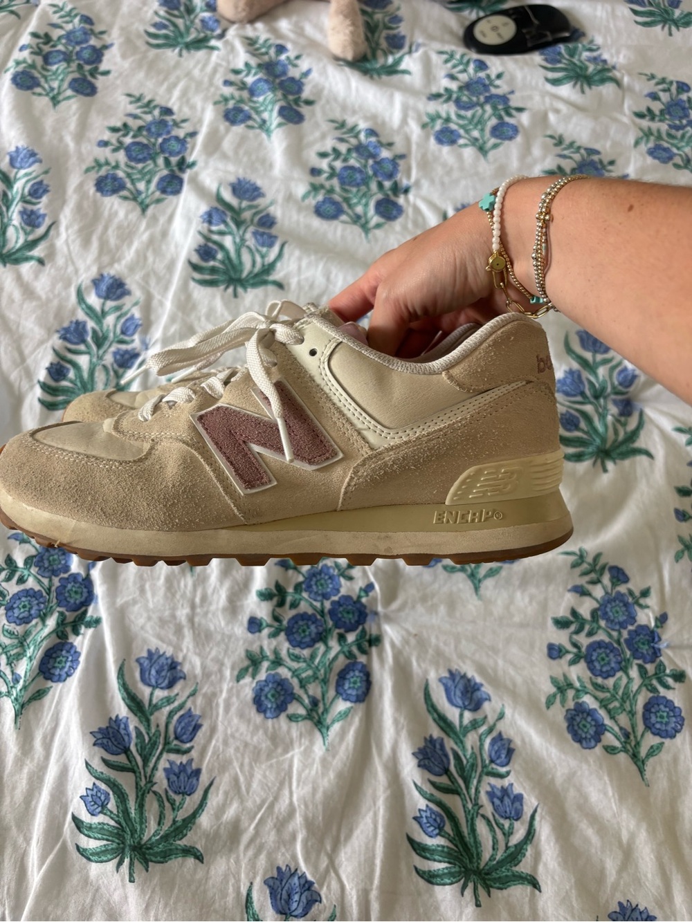 New Balance Cream Suede Sneakers with Mauve N Accent